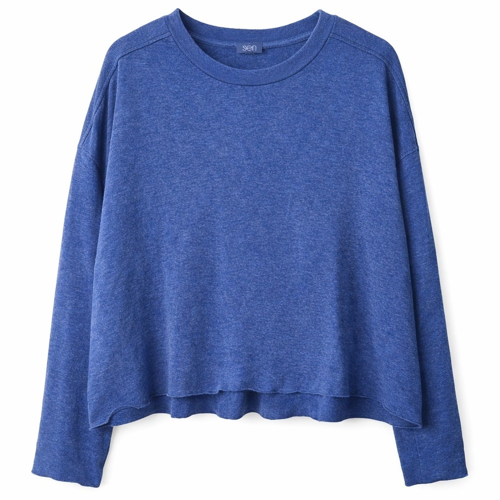 Sen OS‎ Oversized Blue Raw Hem Long Sleeve Top Womens One Size Minimalist